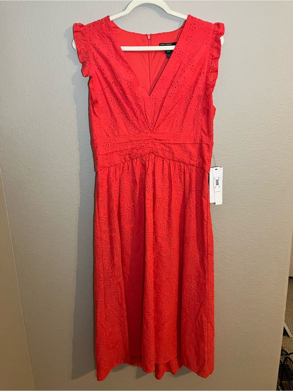 NWT Maggy London Coral Eyelet Midi Dress Ruffle Sleeve V-Neck Size 10